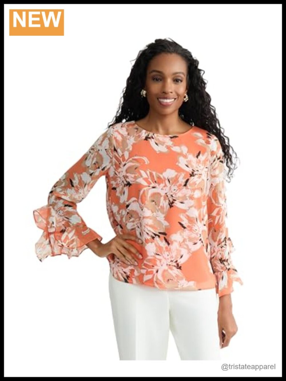 Ruffle Sleeve Printed Blouse Women's 100% Polyester Work Top